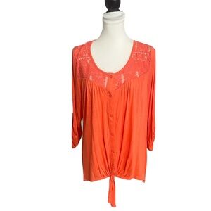 One World Live and Let Live Knit Blouse Plus 1X Lace Orange Top 3/4 Roll Tab Slv